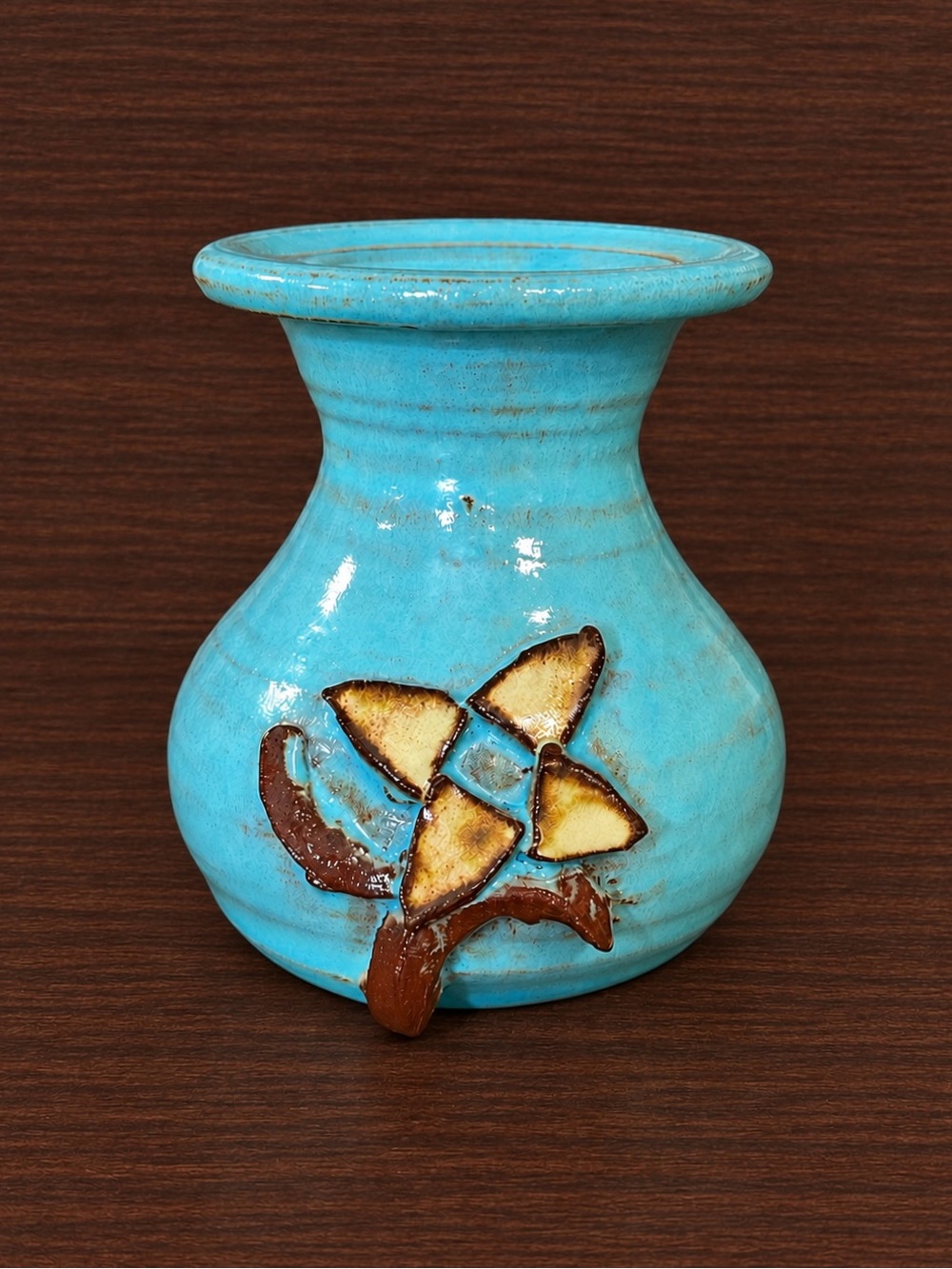 Vintage Turquoise Blue Art Pottery Vase Applied Flower Rustic Glaze